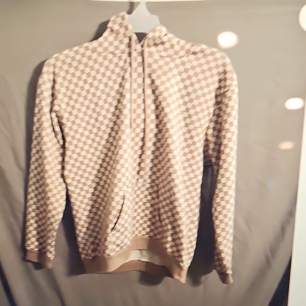 Gypsies & Moondust Beige and White Checkered Sweatshirt Hoodie Pullover Large